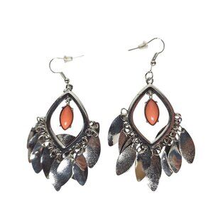 Silver Tone Coral Teardrop Dangle Earrings Leaf Charms